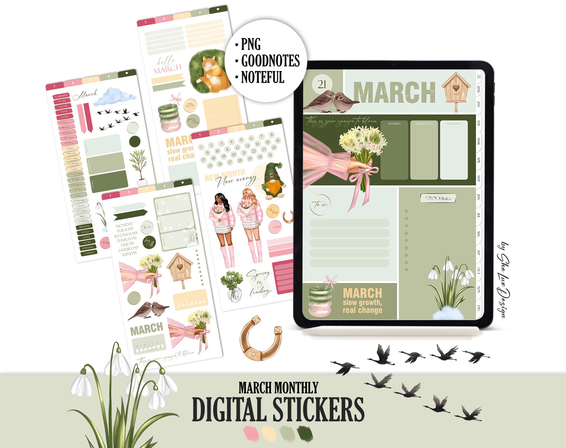 March 2026 Monthly Digital Stickers PNG | Digital Planner Stickers for ...