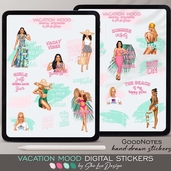Goodnotes stickers, Travel stickers, Digital stickers, Aesthetic stickers, Summer girl, Tropical, Beach girl stickers, Good notes stickers