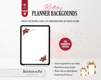 Birthday Digital Planner Backgrounds, Semi-Transparent balloons and gift backgrounds, GoodNotes & Noteful, Roses and Bows iPad Planner Decor