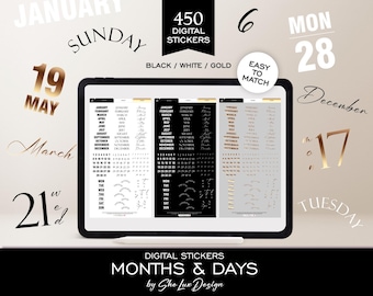 Digital numbers, months and days of the week digital planner stickers, GoodNotes Noteful PNG month & calendar dates. Gold, black and white
