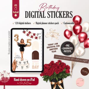 May include: Digital birthday stickers for iOS and Android. The image features a tablet with a woman holding gold number balloons, surrounded by balloons, roses, and text that reads "Happy Birthday". Includes 124 digital stickers.