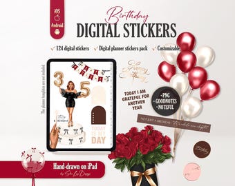 Customizable Birthday digital planner stickers, Daily and Weekly GoodNotes & Noteful Hand Drawn Celebration Stickers, Mix and Match Set