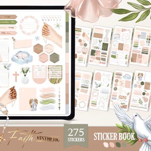 Op de afbeelding: Een digitale planner stickerboek met 275 stickers met een geloofsthema. De stickers zijn in verschillende kleuren en ontwerpen, waaronder bloemen, kruisen, duiven en engelen. De stickers zijn perfect om een ​​tikje geloof aan je planner of dagboek toe te voegen.