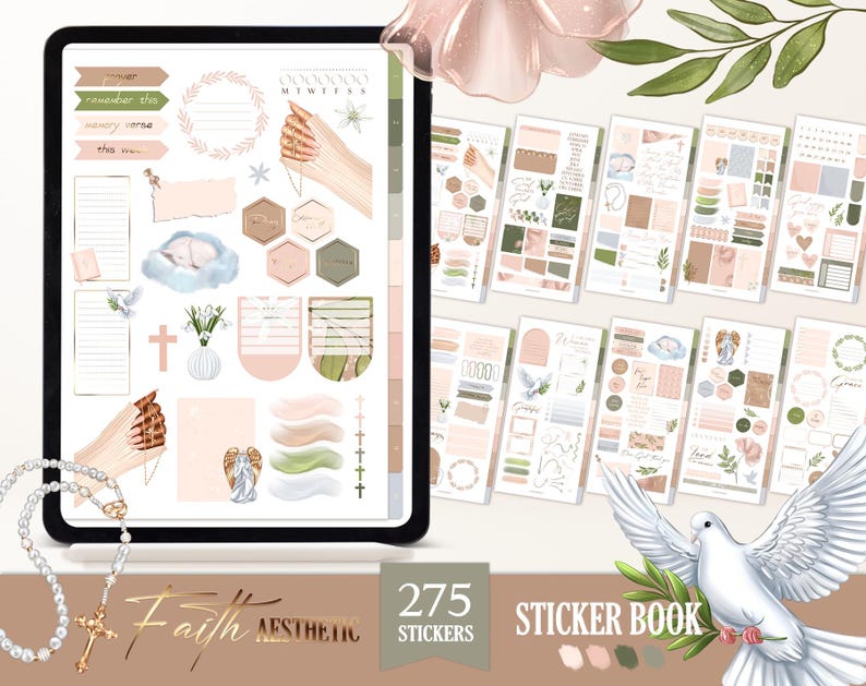 May include: A digital planner sticker book with 275 stickers featuring a faith aesthetic. The stickers are in a variety of colors and designs, including flowers, crosses, doves, and angels. The stickers are perfect for adding a touch of faith to your planner or journal.