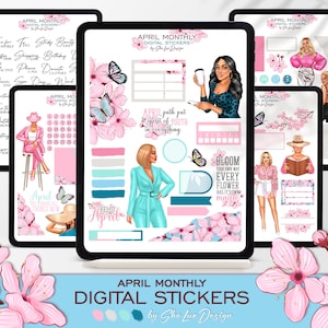 April DIGITAL stickers for GOODNOTES planner, Spring flower digital scrapbooking sticker kit, Monthly everyday journal stickers, Spring girl