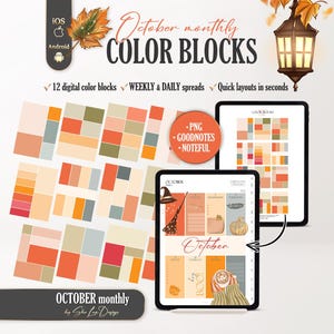 May include: Digital October monthly color blocks featuring various rectangular shapes in autumn tones of orange, red, cream, and olive green. The set includes weekly and daily spreads for use with PNG, Goodnotes, and Noteful apps on iOS and Android devices.