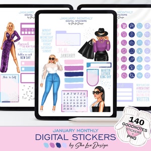 January GOODNOTES stickers, Digital Monthly planner stickers, Winter girl sticker kit, Functional digital stickers, Fashion woman PNG