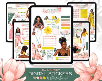 May DIGITAL stickers, Spring Goodnotes stickers, Black girl Monthly planner digital sticker kit, Woman iPad planner, Floral scrapbooking PNG