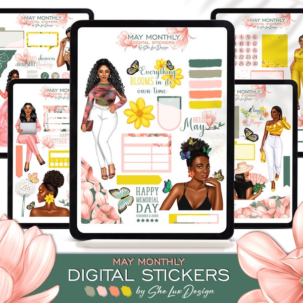 May DIGITAL stickers, Spring Goodnotes stickers, Black girl Monthly planner digital sticker kit, Woman iPad planner, Floral scrapbooking PNG