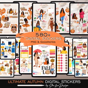 May include: A set of 580+ digital stickers featuring autumn themes, including fall leaves, pumpkins, and illustrations of people wearing fall-themed clothing. The stickers are designed for use in digital planners and note-taking apps. The text "580+ DIGITAL STICKERS PNG & GOODNOTES" is displayed in the center of the image.