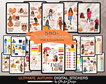 Ultimate FALL digital sticker bundle for GoodNotes planner, African American Seasonal autumn digital stickers, iPad pre-cropped stickers,