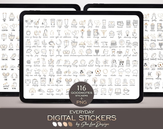 EVERYDAY digital stickers for Goodnotes planner, Daily To Do icons PNG, Pre-cropped basic sticker book, 464 hand-drawn elegant sticker pack