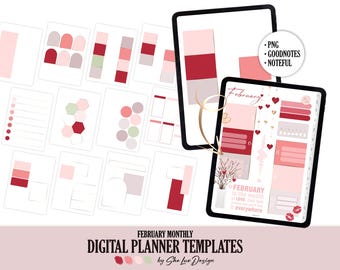 February 2026 templates, Weekly and Daily planner inserts, Noteful digital stickers, Pink and Red Digital planner template Goodnotes layout