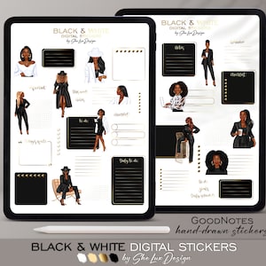 Black girl digital stickers, Goodnotes stickers, Planner Stickers, Black and White digital sticker pack, Girl Boss, Women stickers