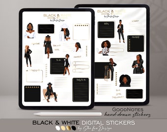 Black girl digital stickers, Goodnotes stickers, Planner Stickers, Black and White digital sticker pack, Girl Boss, Women stickers