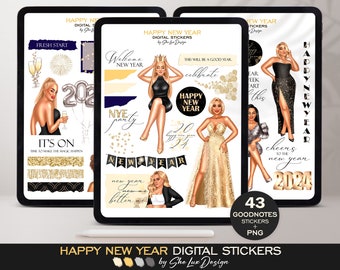 Silvester digitale Aufkleber, Goodnotes Aufkleber, 2024 digitale Planer Aufkleber, IPad Aufkleber Bundle Frau im goldenen Kleid Silvester Mode