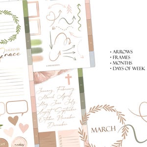 May include: A printable planner page with a floral design and the text "SAVED BY Grace". The page includes sections for "faith", "next", and "today". It also includes a calendar with the months of the year and a section for "March".