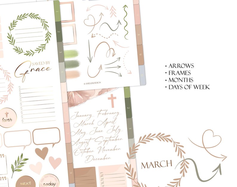 May include: A printable planner page with a floral design and the text "SAVED BY Grace". The page includes sections for "faith", "next", and "today". It also includes a calendar with the months of the year and a section for "March".