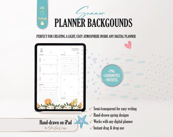 Summer background digital stickers, Semi-transparent Digital planner layout, Vacation planner insert, Ocean Goodnotes Noteful PNG overlay