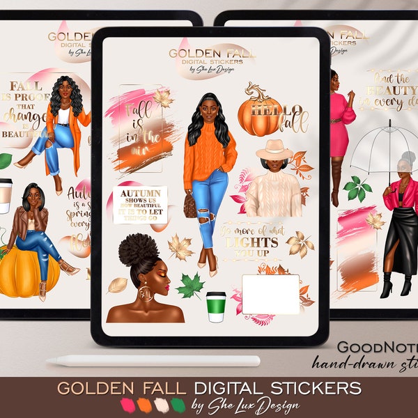 Fall digital stickers, Black girl Goodnotes stickers, Planner Stickers, Golden Autumn stickers, Pink and orange, Black woman PNG