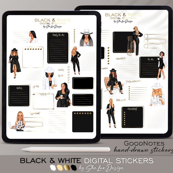 Goodnotes stickers, Girl Boss digital stickers, Business woman pre-cropped stickers, Black and White planner stickers, IPad planner