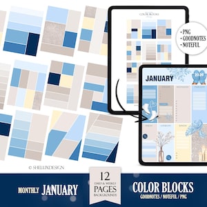 Op de afbeelding: Digitale planner met een thema voor januari, met kleurblokken in tinten blauw, beige en geel. De afbeelding bevat een tablet met een wekelijkse lay-out en een aparte pagina met kleurstalen. Tekst bevat "Color Blocks" en "January".