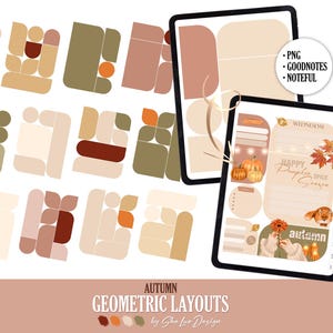 Op de afbeelding: Digitale herfstthema planner layouts en geometrische ontwerpen in warme tinten. De afbeelding bevat twee tablets met plannerpagina's met pompoenen, bladeren en de tekst "Happy Pumpkin Spice Season". Extra geometrische vormen zijn gerangschikt.