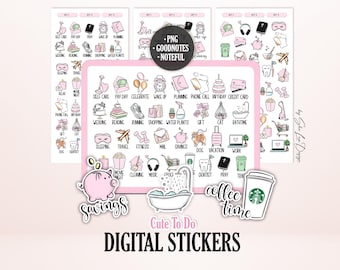 Cute TO DO icons digital stickers for Goodnotes planner, Daily To Do icon pack PNG Pre-cropped pink sticker book 105 hand-drawn sticker pack
