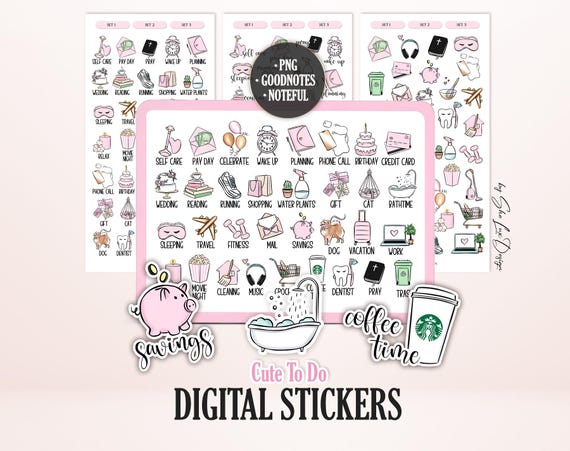 Cute TO DO icons digital stickers for Goodnotes planner, Daily To Do icon pack PNG Pre-cropped pink sticker book 105 hand-drawn sticker pack