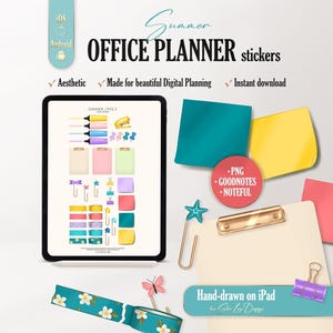 May include: A digital sticker set for office planning featuring a tablet displaying various office supply icons, including highlighters, paper clips, and sticky notes. The set includes teal, yellow, and pink sticky notes, a clipboard, and floral washi tape.