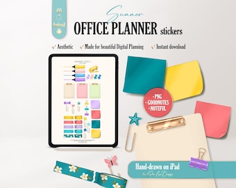 Summer Office digital planner stickers, Sticky notes digital stickers for GoodNotes & Noteful + PNG, Washi Tape, Push Pins, Paper Clips