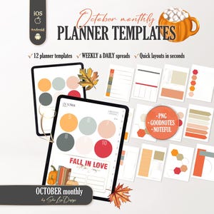 Puede incluir: Plantillas de planificador mensual de octubre con 12 diseños, vistas semanales y diarias, y archivos PNG para Goodnotes y Noteful. El diseño incluye gráficos con temática otoñal como calabazas, hojas de otoño y tonos cálidos.