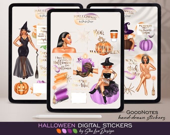 Halloween Digital Stickers for GoodNotes Planner, Witch PNG, Spooky stickers, Women digital planner, Purple Halloween, Hand drawn sticker