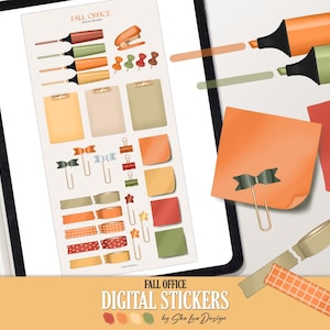 Könnte beinhalten: Digitale Sticker zum Thema Herbstbüro. Das Bild zeigt eine Vielzahl von Schreibwaren, darunter Textmarker, Haftnotizen, Büroklammern und dekoratives Klebeband. Die Farbpalette umfasst Farbtöne von Orange, Grün und Braun.