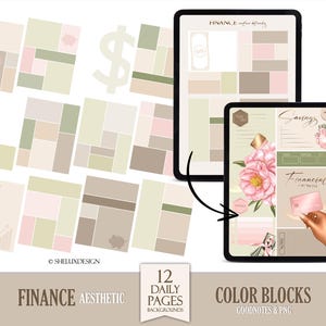 Può includere: Dodici pagine di planner digitale con uno schema di colori verde, rosa e marrone. Le pagine sono progettate per la pianificazione finanziaria e il budget. Il testo "FINANCE AESTHETIC" e "COLOR BLOCKS" è incluso nell'immagine.