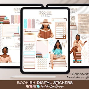 Bookish stickers, Book digital stickers, Goodnotes stickers, Black girl digital stickers, Book lover digital planner, Reading woman PNG