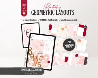 Geometric Birthday Digital Planner Backgrounds, Color Block Style Overlays for GoodNotes & Noteful, Celebration Background digital stickers
