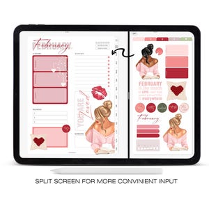 May include: A digital planner displayed on a tablet, featuring a February theme. The planner includes pink and red accents, illustrations of women, hearts, and the text "February is the month of LOVE". A stylus is at the bottom.
