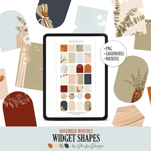 May include: A digital tablet displays a collection of widget shapes in various colors and designs, including arches, rectangles, and hexagons. The image is surrounded by fall-themed illustrations, including leaves, pumpkins, and candles. Text on the tablet reads "WIDGET SHAPES".