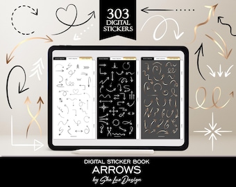 Arrow digital planner stickers, Arrows GoodNotes sticker book for iPad, Black White and Gold, Functional Sticker Book with arrow pack PNG
