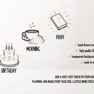 May include: Hand-drawn gold-colored icons for planning, including a cake, coffee cup with croissant, and a book with a cross. Text includes "PRAY", "MORNING", and "BIRTHDAY". The image also includes text about the icons.