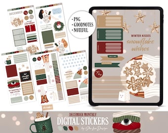 May include: Digital planner stickers for December, featuring a winter theme. The stickers include a calendar, decorative elements, and text such as "Winter Kisses" and "snowflake wishes." The color palette includes red, green, and beige.