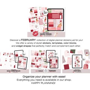 May include: Digital planner stickers in shades of red, pink, and white. The image showcases templates, color blocks, and widget shapes for February. Text includes "Digital Stickers" and "Happy Planning!"