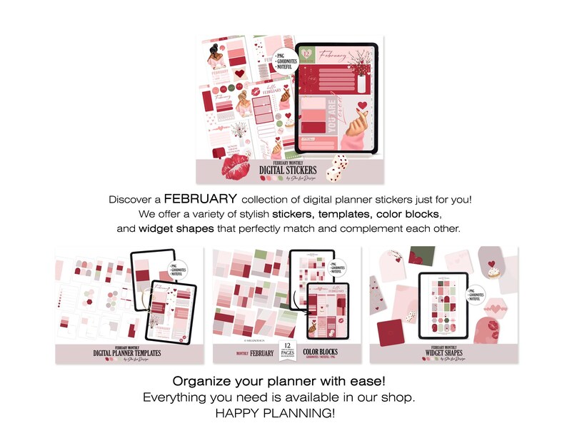 May include: Digital planner stickers in shades of red, pink, and white. The image showcases templates, color blocks, and widget shapes for February. Text includes "Digital Stickers" and "Happy Planning!"