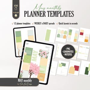 Puede incluir: Plantillas de planificador digital para mayo, con una tableta que muestra un diseño colorido con diseños florales y geométricos. La imagen incluye el texto "May monthly PLANNER TEMPLATES" e iconos para iOS y Android.