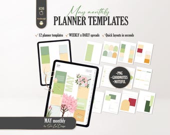 May 2026 Digital Planner Templates, Spring Background Stickers PNG, Daily Weekly Layout Inserts Green GoodNotes Noteful template backgrounds