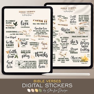 Peut inclure: Autocollants numériques avec des versets bibliques en lettres dorées et noires sur fond blanc. Les autocollants comprennent des citations inspirantes telles que "Crois-y jusqu'à ce que tu y arrives", "L'amour est immuable", "Dieu est amour" et "Prie, attends, fais confiance".