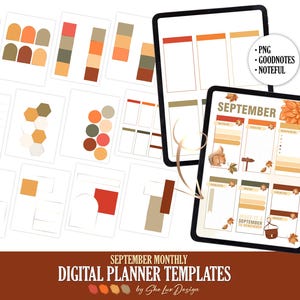 Könnte beinhalten: Digitale Planervorlagen für September mit Herbstthema in Orange, Braun und Beige. Das Bild zeigt zwei Tablets mit Planer-Layouts sowie Designelemente und den Text "September Monthly Digital Planner Templates".