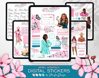 May include: A set of digital stickers for April featuring a floral theme with pink cherry blossoms, a calendar, and illustrations of women in various outfits. The text "APRIL MONTHLY DIGITAL STICKERS by She Lux Design" is at the bottom of the image.