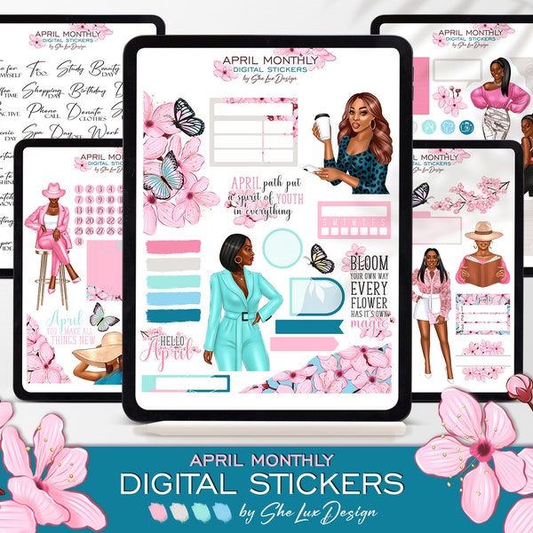 April DIGITAL planner stickers, Spring aesthetic stickers, Goodnotes stickers, Black girl stickers, Flowers and butterflies scrapbook PNG